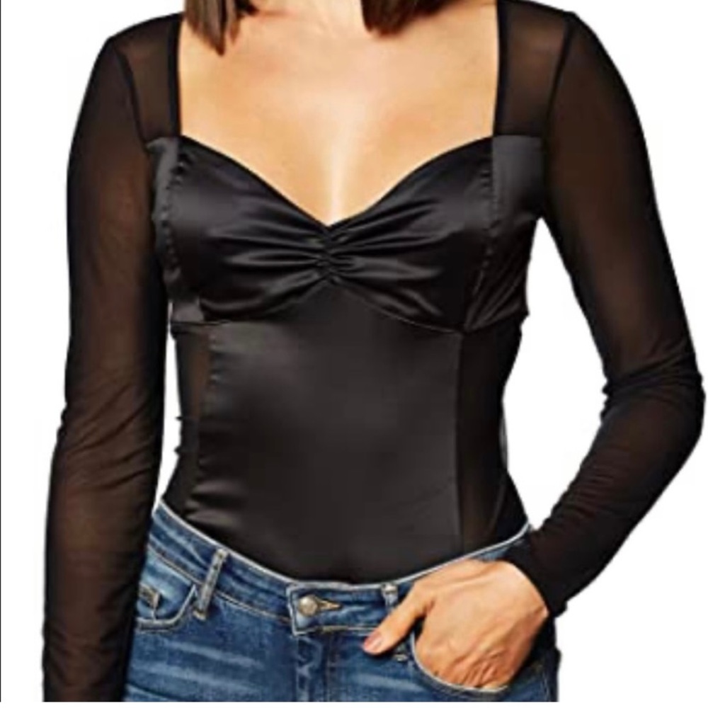 Guess black long sleeve Eden mesh mix bodysuit Small